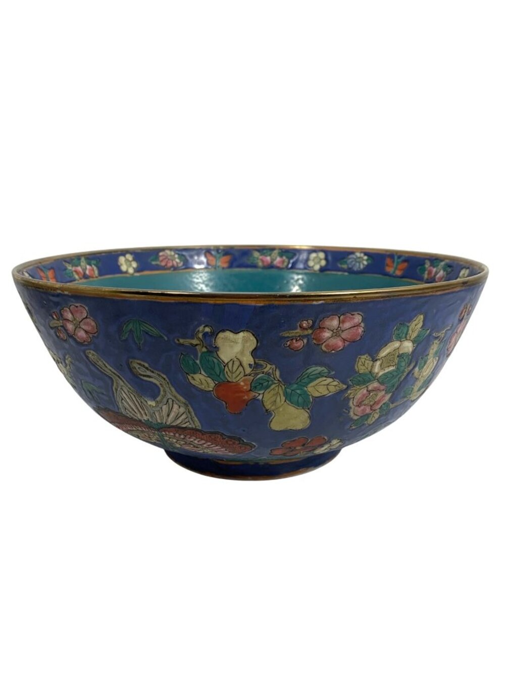 Vintage Chinese Canton Enamel Bowl Butterflies Floral Theme Piece 10" Diameter